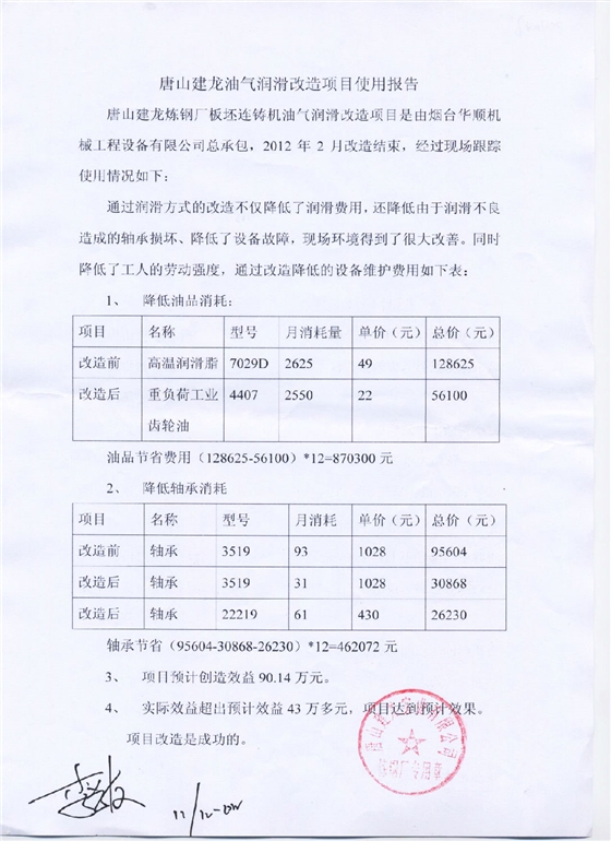 油氣潤滑使用報(bào)告 油氣潤滑使用報(bào)告